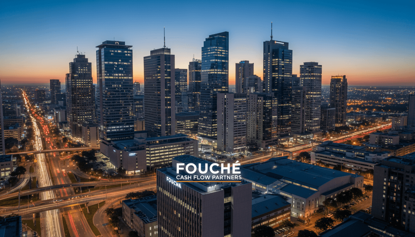 Dusk cityscape with illuminated skyscrapers, busy highways, and the Fouché Cash Flow Partners logo.