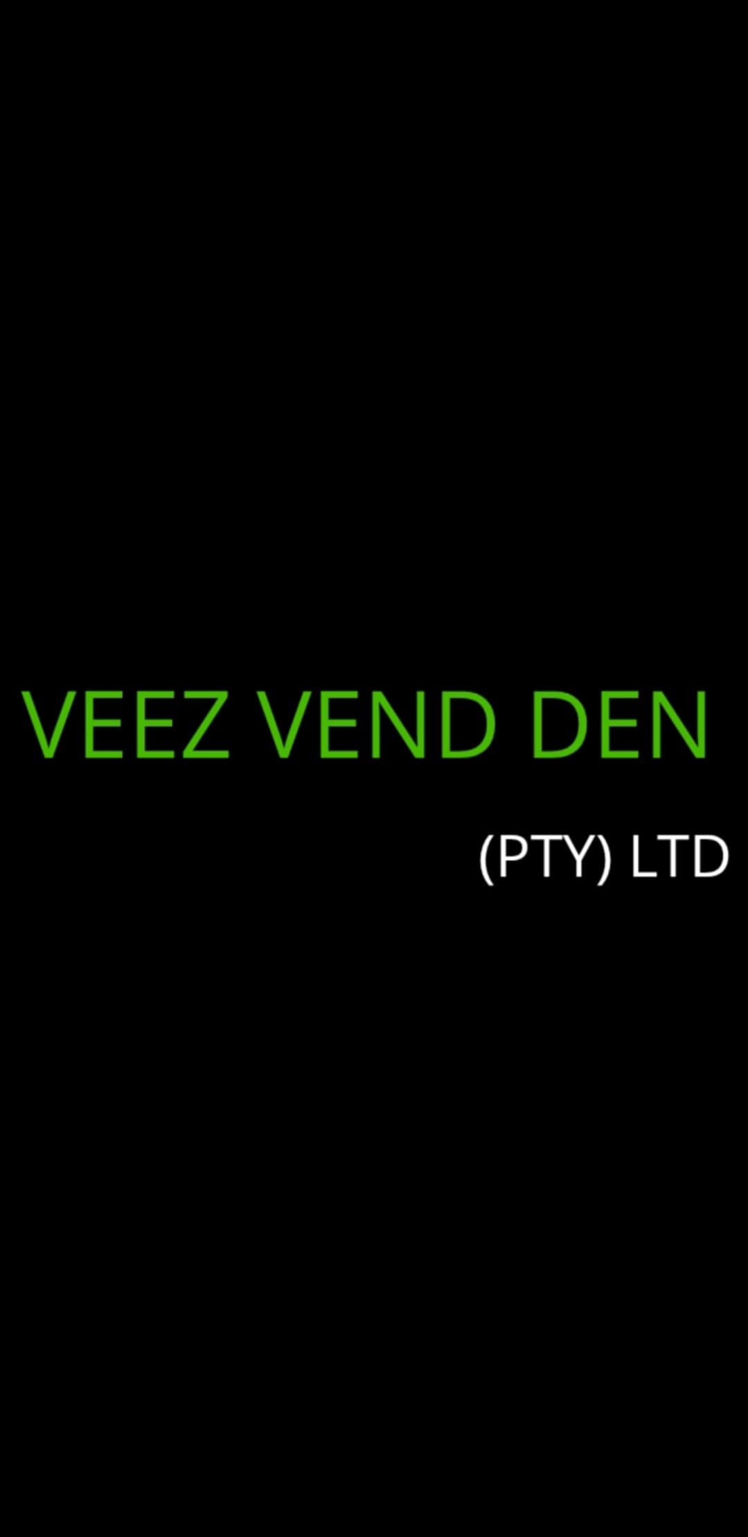 VEEZ VEND DEN in green text above (PTY) LTD in white on black background.