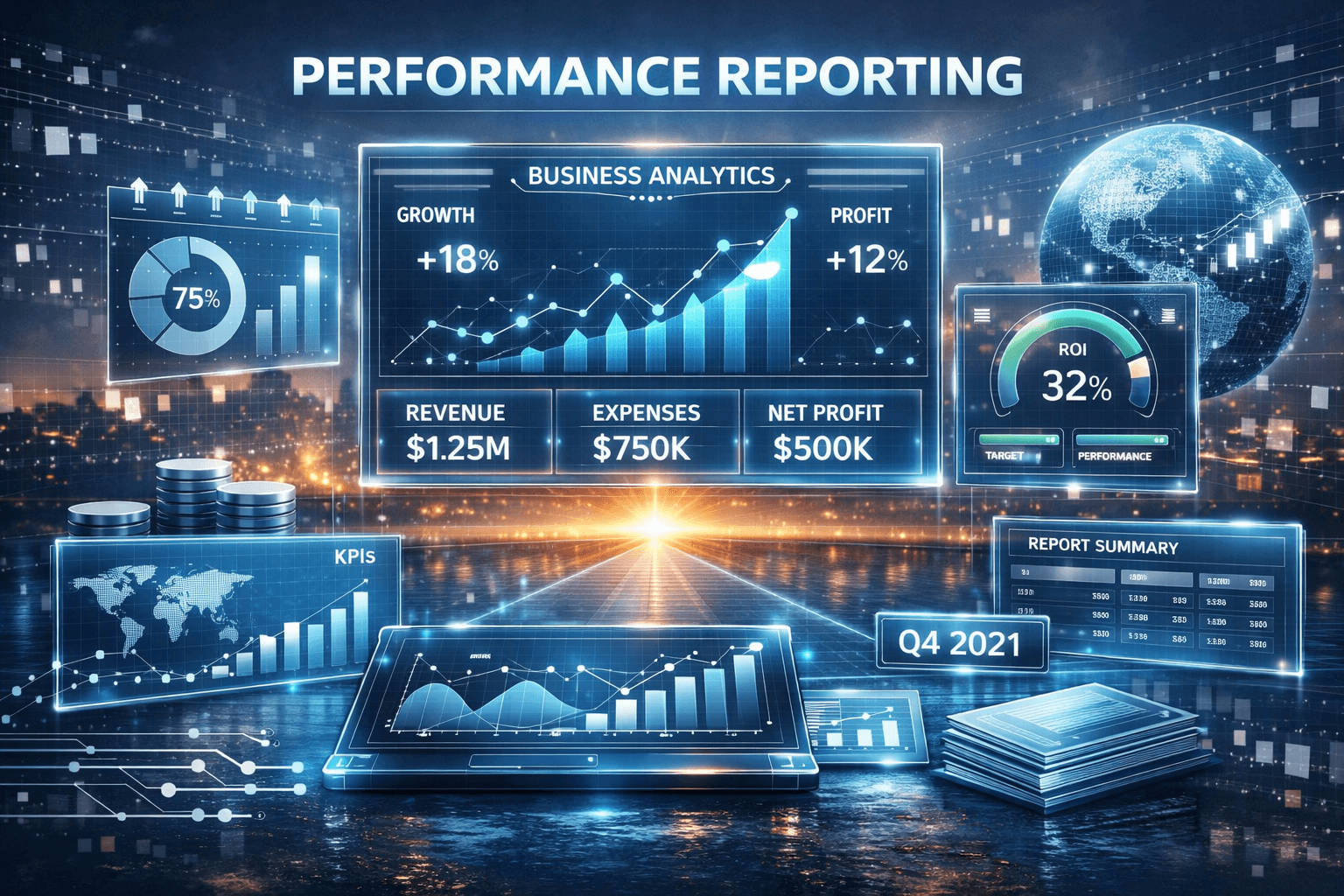 Futuristic performance reporting dashboard displaying glowing blue charts, financial data, and business analytics metrics.