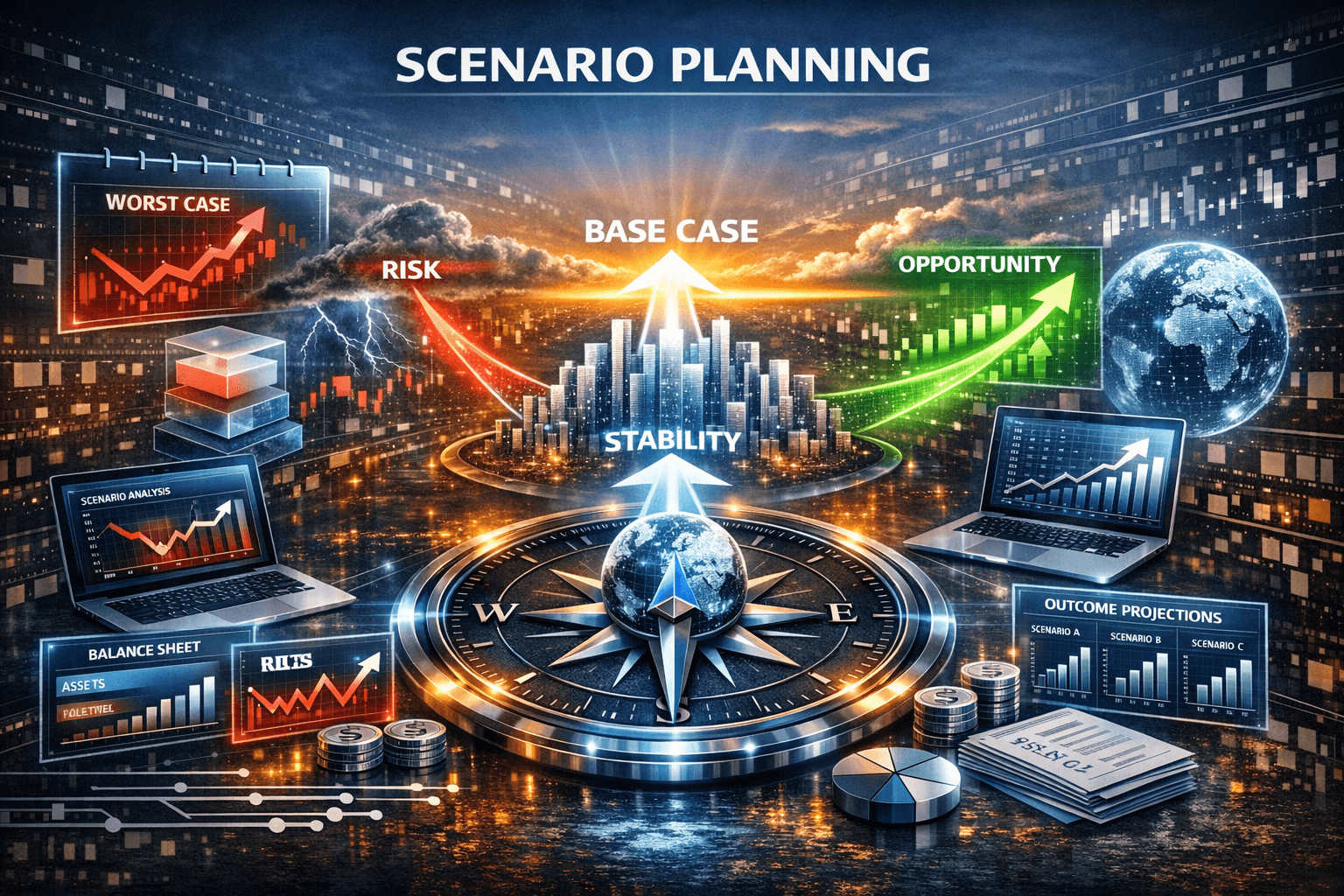 Futuristic scenario planning graphic with a compass, globe, and charts for risk, stability, and opportunity.