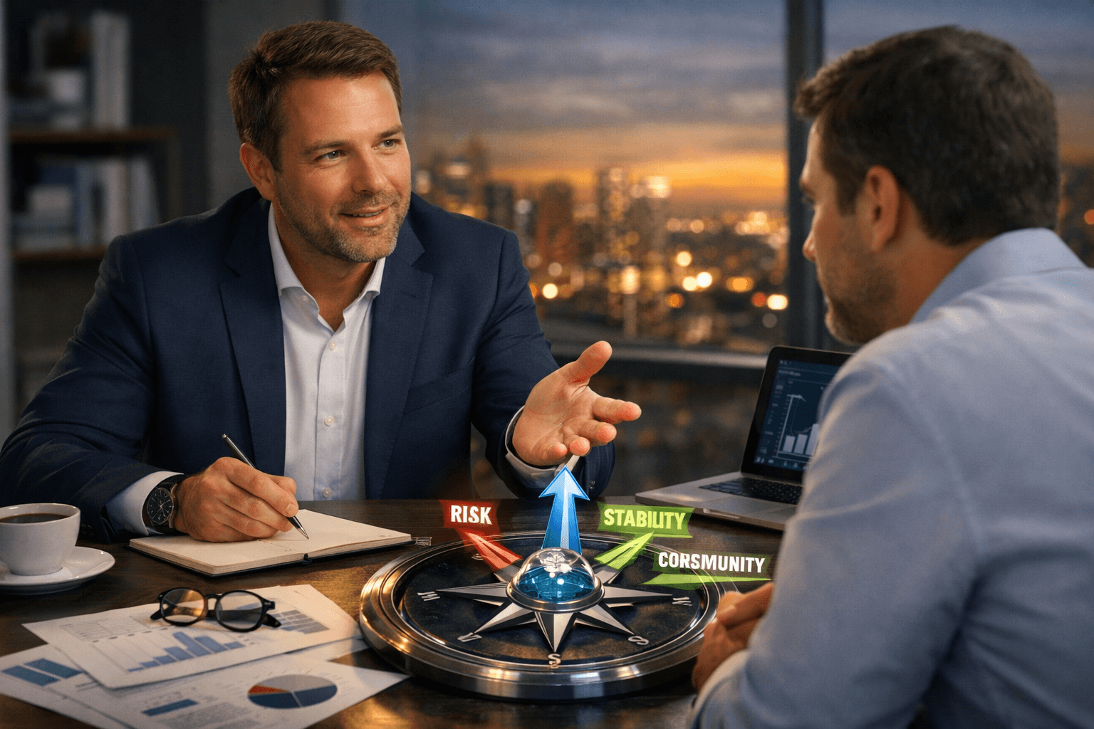 Two businessmen discuss strategy around a futuristic compass showing risk, stability, and community metrics.