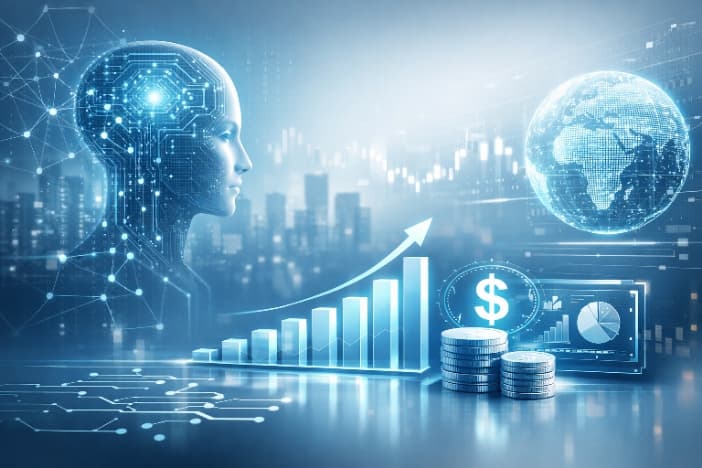 Futuristic AI profile with circuit brain overlooking rising financial charts, globe, and digital currency.